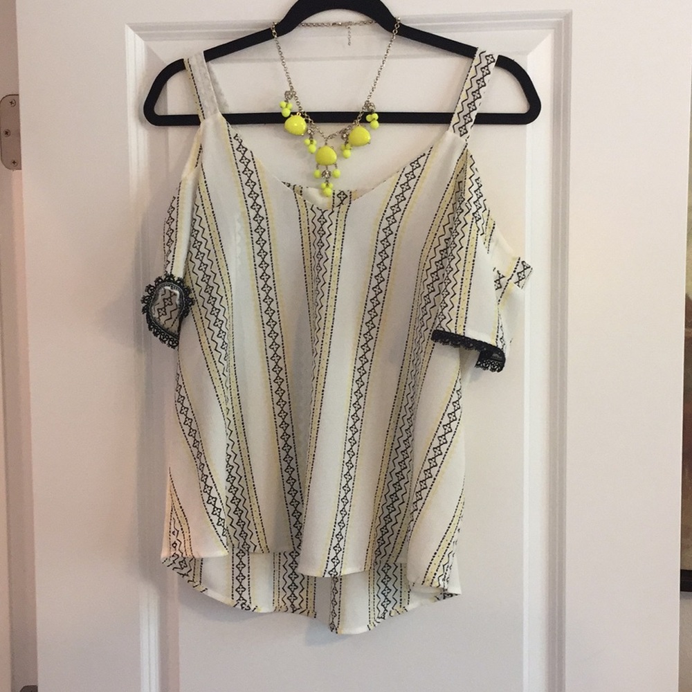 Cream, black and yellow cold shoulder top